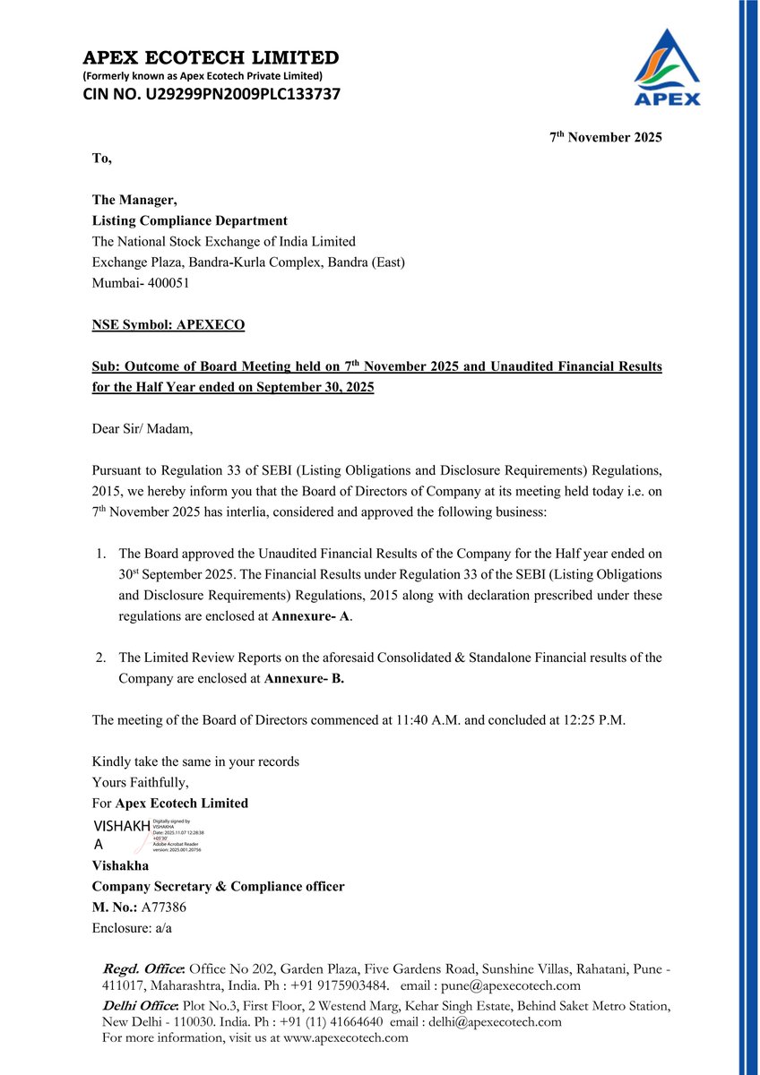 nileshkurhade's tweet photo. 📌 Apex Ecotech Limited informed the exchange about its approval for the financial results for the period ended September 30, 2025. #SME #APEXECO 📄🧾 https://t.co/rSXVWYCJw0