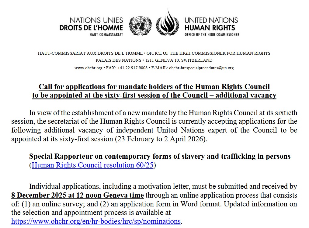 Special Rapporteur on contemporary forms of slavery and trafficking in persons
Deadline: Dec 8
ohchr.org/en/hr-bodies/h…