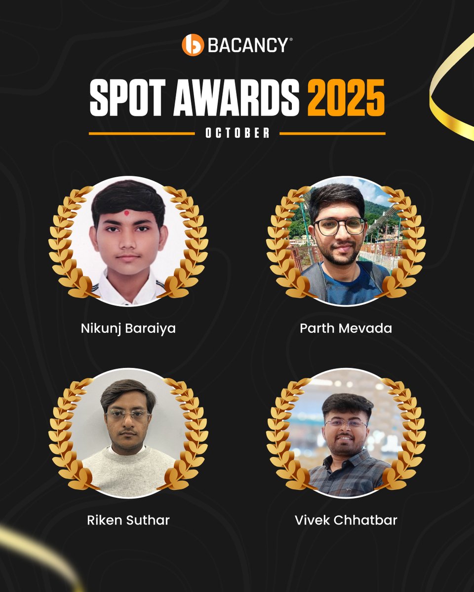 BacancyTech's tweet image. Spotlight on our October achievers! 

Your dedication, creativity, and teamwork make @BacancyTech  stronger every day.

Here’s to those who make things happen, one milestone at a time. 
#Bacancy #SpotAwards #LifeAtBacancy #TeamCelebration #CONNECT