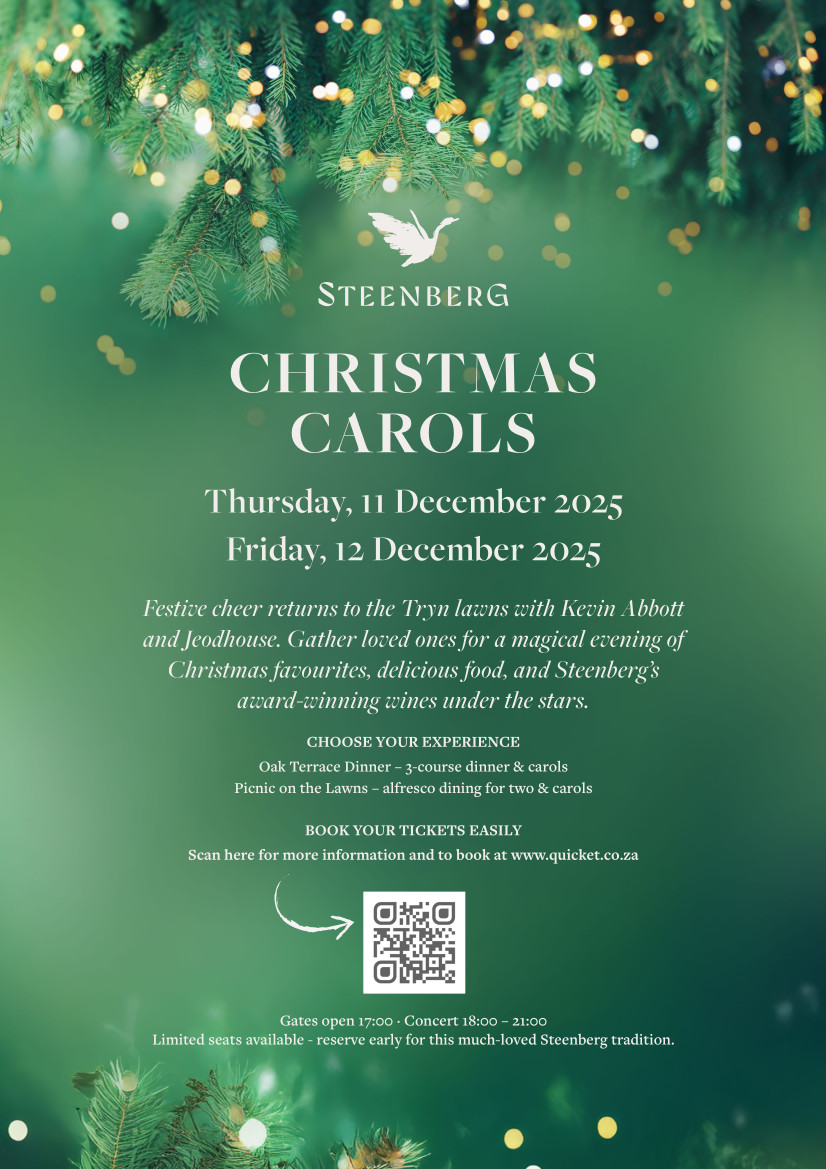 DiningOUT_SA's tweet photo. Celebrate the festive season at Tryn Restaurant’s Annual Christmas Carols 🎄✨
11 &amp; 12 Dec 2025 — enjoy live music by Kevin Abbott &amp; Jeodhouse and make lasting holiday memories at Steenberg.

Visit the Dining-OUT website for more details.
https://t.co/kz5154oWIL https://t.co/YeahdyUwVU