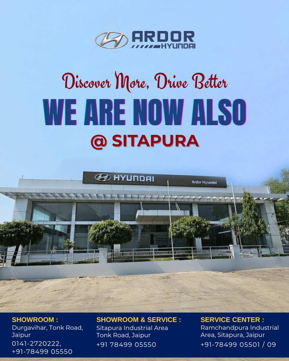 ArdorHyundai's tweet image. Great news for Jaipur!
Ardor Hyundai Showroom is now also at Sitapura to serve you better.
From premium car buying experience to seamless service support — enjoy convenience closer to you.

@hyundaiindia

#ArdorHyundai #Sitapura #HyundaiShowroom #HyundaiService #TonkRoad #ARDOR