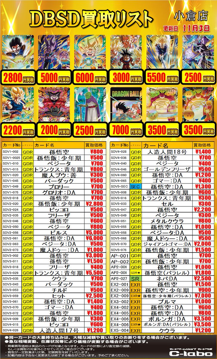 kokuralabo's tweet image. 【＃DBSD 買取情報】
ダイバーズの買取表を展開中‼️

🔥SDV2-056 ビルス GDR ￥5,000買取
🔥SDV2-018 孫悟空 GDR★ ￥6,000買取
🔥SDV2-020 孫悟飯：幼年期 GDR ￥2,800買取
🔥SDV2-035 フリーザ GDR★￥4,500買取

などなど‼️
是非ご覧ください‼️
#ドラゴンボールスーパーダイバーズ