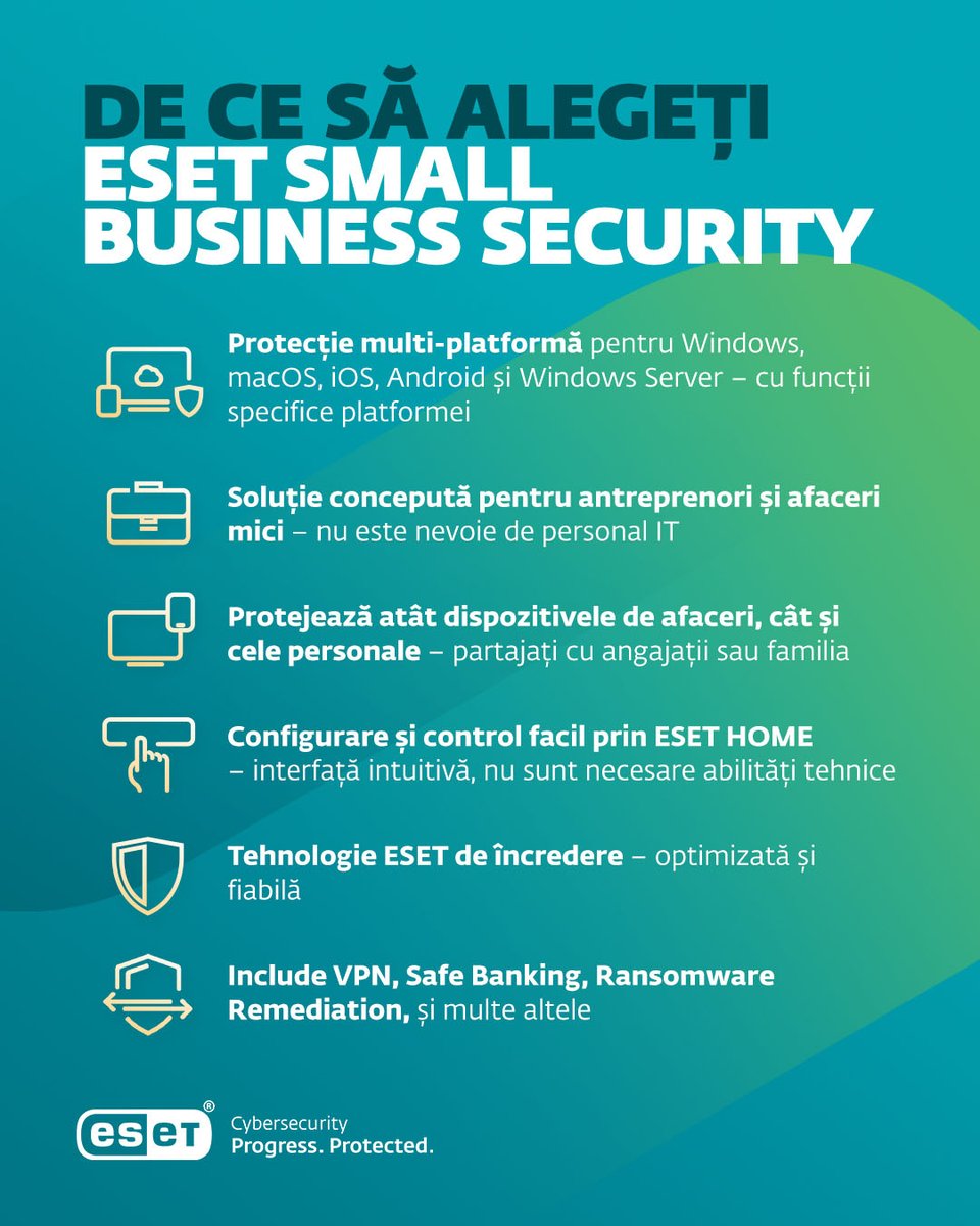 ESET_RO's tweet image. ESET Small Business Security oferă micilor afaceri protecție simplă și eficientă pentru dispozitivele personale și de serviciu, fără a fi nevoie de echipă IT. Include funcții precum VPN, Safe Banking și protecție împotriva ransomware-ului.

#ESET #SmallBusinessSecurity