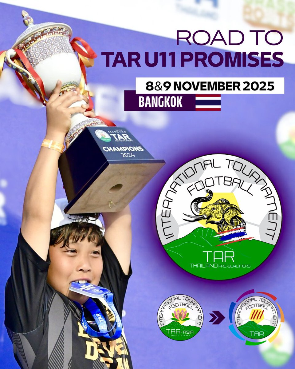 ⏰ The countdown is ON!
Only1 day left until the TAR THAILAND PREQUALIFIERS kick off! 🇹🇭🔥

⚽ 32 teams. 8 spots.
A shot at the TAR ASIA QUALIFIERS and the ROAD TO TAR U11 PROMISES in Barcelona ✅!

#ROADtoTAR #TARAsia #TAR26