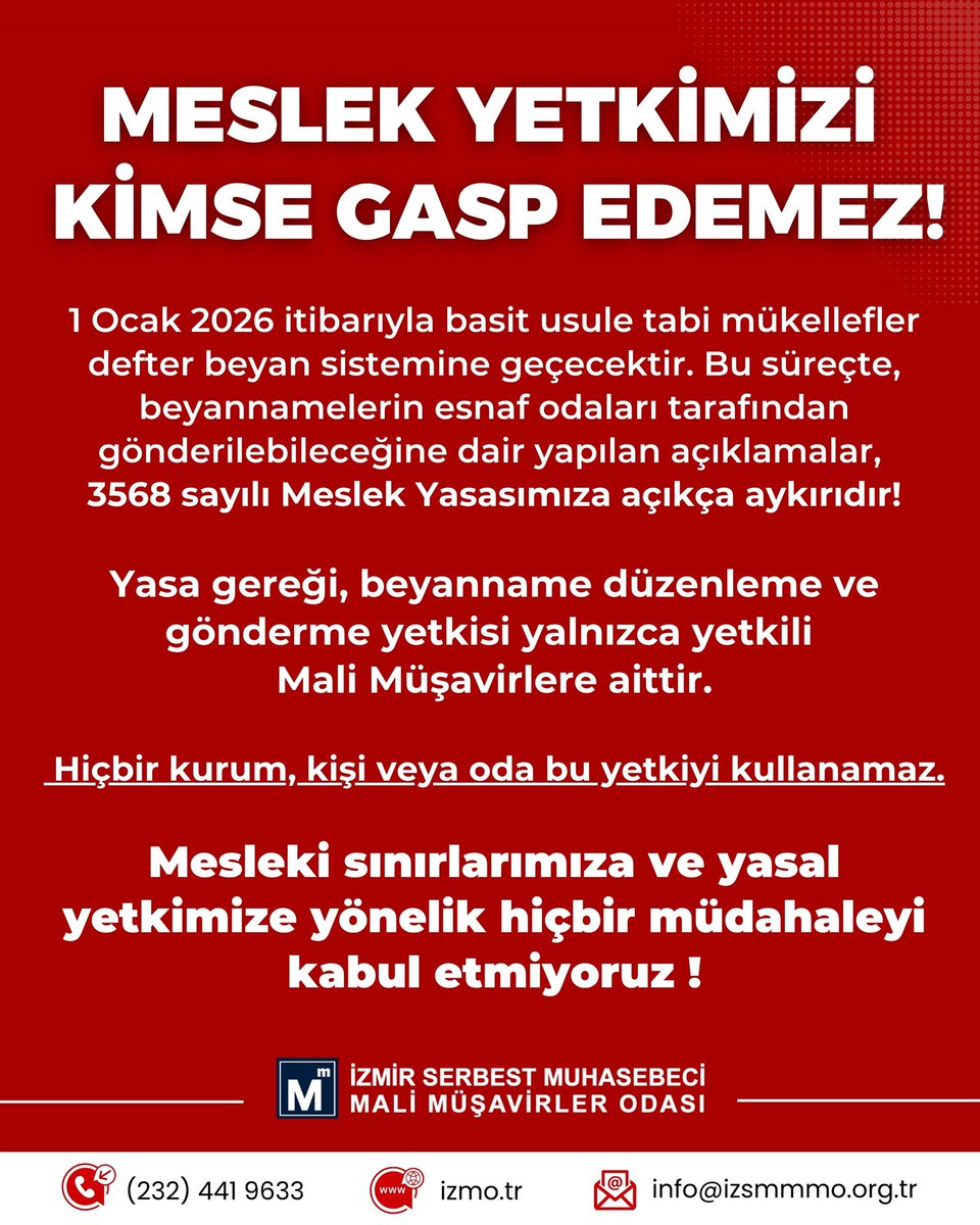 Mali müşavirlik mesleğinin yasal sınırları tartışılamaz.
Beyannamelerin düzenlenmesi ve gönderilmesi yetkisi yalnızca yetkili mali müşavirlere aittir.

Yasal yetkimize yönelik hiçbir müdahaleyi kabul etmiyoruz.

<a href="/gibsosyalmedya/">Gelir İdaresi Başkanlığı</a> 
<a href="/HMBakanligi/">T.C. Hazine ve Maliye Bakanlığı</a> 
<a href="/turmob/">TÜRMOB</a>
