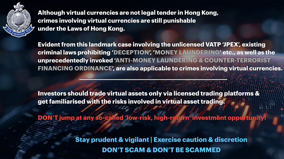 hkpoliceforce's tweet photo. 🚨An #HKPF probe into a labyrinthine #FraudCase involving the most victims➕#ScamProceeds in 🇭🇰 in recent years has led to the arrest of 80 persons & the prosecution of 16 of them:

6️⃣ core members of the scam ring behind #JPEX—an unlicensed #VirtualAsset trading platform (#VATP)
7️⃣ persons in charge of over-the-counter (OTC) #cryptocurrency exchanges➕influencers promoting JPEX on social media
3️⃣ holders of #StoogeAccounts used for laundering the scam proceeds

—as of NOV 5, 2025.

Meanwhile—upon 🇭🇰#HKPF’s request—#INTERPOL (@interpolwanted) has issued 3 #RedNotices🚩🚩🚩 in pursuit of:

👥2 masterminds
👤1 core member

—of the scam syndicate who’ve absconded overseas🗺️.

🟰🟰🟰🟰🟰

Set up in early 2020—JPEX purported to offer ‘low-risk, high-return’ investment opportunities & drew scores of investors as a result of pervasive promotion via:

❗️advertisements
❗️social media
❗️#OTC crypto exchangers
❗️#KOLs—key opinion leaders

On SEP 13, 2023—the 📊Securities & Futures Commission (SFC) issued a warning, stating that:

●no entity in the JPEX Group was licensed by SFC / had applied to SFC for a licence to operate a VATP in🇭🇰

●the unregulated VATP actively promoted its suspicious services

(See details: 🔗https://t.co/BAw8CgnFnl)

⬇️

Afterwards—JPEX hiked up the fee it was charging its clients who wished to withdraw #cryptocurrencies from the VATP. 

Subsequently—a lot of JPEX’s clients even failed to withdraw their virtual assets, thus incurring great losses💸.

🟰🟰🟰🟰🟰

Since SEP 2023—the 🇭🇰#Police have deployed all units of our Crime Wing while collaborating with various 🗺️🇭🇰 #LawEnforcement agencies & regulatory bodies to investigate the case.

It was found that JPEX had transferred its clients’ assets out of the VATP & laundered them via numerous #CryptoWallets🔀.

⬇️

As of NOV 5, 2025—the🇭🇰Police have:

🔵received reports from 2700+ persons claiming to have lost a total of HK$1.6 BILLION+ to the fraudulent VATP

🔵arrested 80 persons:

●14 core members of the crime syndicate behind the VATP

●16 persons in charge of OTC crypto exchanges & influencers who’d promoted JPEX on social media

●50 #MoneyMules whose stooge accounts had been used to launder the scam proceeds

🔵frozen ≈HK$228 MILLION scam proceeds (bank balances/ cash/ gold bars/ luxury cars/ #VirtualAssets)

🔵prosecuted 16 of the 80 arrested persons:

●6 core members of the crime syndicate behind JPEX—for:

❗️CONSPIRACY TO DEFRAUD
❗️MONEY LAUNDERING
❗️PERVERTING THE COURSE OF JUSTICE
❗️FRAUDULENTLY / RECKLESSLY INDUCING OTHERS TO INVEST IN VIRTUAL ASSETS

➕

●7 persons in charge of OTC crypto exchanges & influencers who’d promoted the VATP—for:

❗️DECEPTION
❗️MONEY LAUNDERING
❗️FRAUDULENTLY / RECKLESSLY INDUCING OTHERS TO INVEST IN VIRTUAL ASSETS

➕

●3 stooge account holders—for:

❗️MONEY LAUNDERING

🟰🟰🟰🟰🟰

The prosecution of:

●6 core members of the scam ring behind the unlicensed VATP ‘JPEX’
➕
●7 persons in charge of OTC crypto exchanges & influencers who’d promoted the VATP

for ‘🔴FRAUDULENTLY / RECKLESSLY INDUCING OTHERS TO INVEST IN VIRTUAL ASSETS’ marks🇭🇰HKPF’s first-ever invocation of the ‘Anti-Money Laundering (#AML) & Counter-Terrorist Financing (#CTF) Ordinance’ (Cap. 615 of the 🇭🇰#LawsOfHK⚖️).

➖➖➖➖➖

The prosecution of the 16 persons👤in total marks the first stage of prosecution.

More prosecutions & arrests may follow—as the🇭🇰Police’ll keep:

●consulting with the🇭🇰Dept of Justice⚖️
●tracking down all persons involved in the fraud case who’re still at large

⬇️

In particular—the 🗺️INTERPOL’s issued 3 #RedNotices🚩🚩🚩to help us pursue the 2 masterminds & 1 core member of scam ring behind JPEX that🇭🇰HKPF’s identified, as the 3👤👤👤have absconded overseas.

🇭🇰HKPF’ll keep working closely with 🗺️@INTERPOL_HQ & 🗺️overseas LEAs—in order to bring the fugitives to justice.

➖➖➖➖➖

📢VICTIMS who’ve yet to report their cases to the🇭🇰Police—PLEASE COME FORWARD: ☎️9️⃣9️⃣9️⃣

🟰🟰🟰🟰🟰

🚫🪤DON’T SCAM & DON’T BE SCAMMED💸🚫