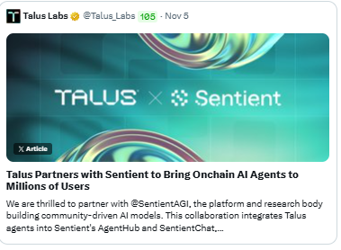 Realtorizzy's tweet photo. This partnership between @TalusNetwork and @SentientAGI marks a major leap toward a decentralized, community-powered AI future.

By integrating Talus agents into Sentient’s AgentHub and SentientChat, millions of users will gain instant access to intelligent, onchain AI agents, making AI not just smarter, but more accessible and verifiable.

I'm also of believe that the collaboration will solve one of Web3’s biggest problems: AI agent distribution. 

Developers using Talus Nexus can now easily build, deploy, and monetize agents within Sentient’s thriving ecosystem, supported by GRID’s emission economy that rewards open, impactful innovation.

It’s not just a partnership, it’s about the start of a self-sustaining agentic economy, where intelligence, creativity, and community fuel the next frontier of open, transparent AGI.