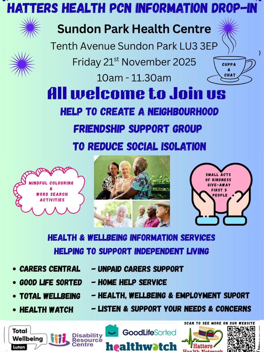 HattersHealth's tweet image. #endsocialisolation #communitygroups
HATTERS HEALTH PCN INFORMATION DROP-IN
All welcome to Join us
Help to create a neighbourhood friendship support group to reduce social isolation
Health &amp;amp; Wellbeing information services helping to support independent living