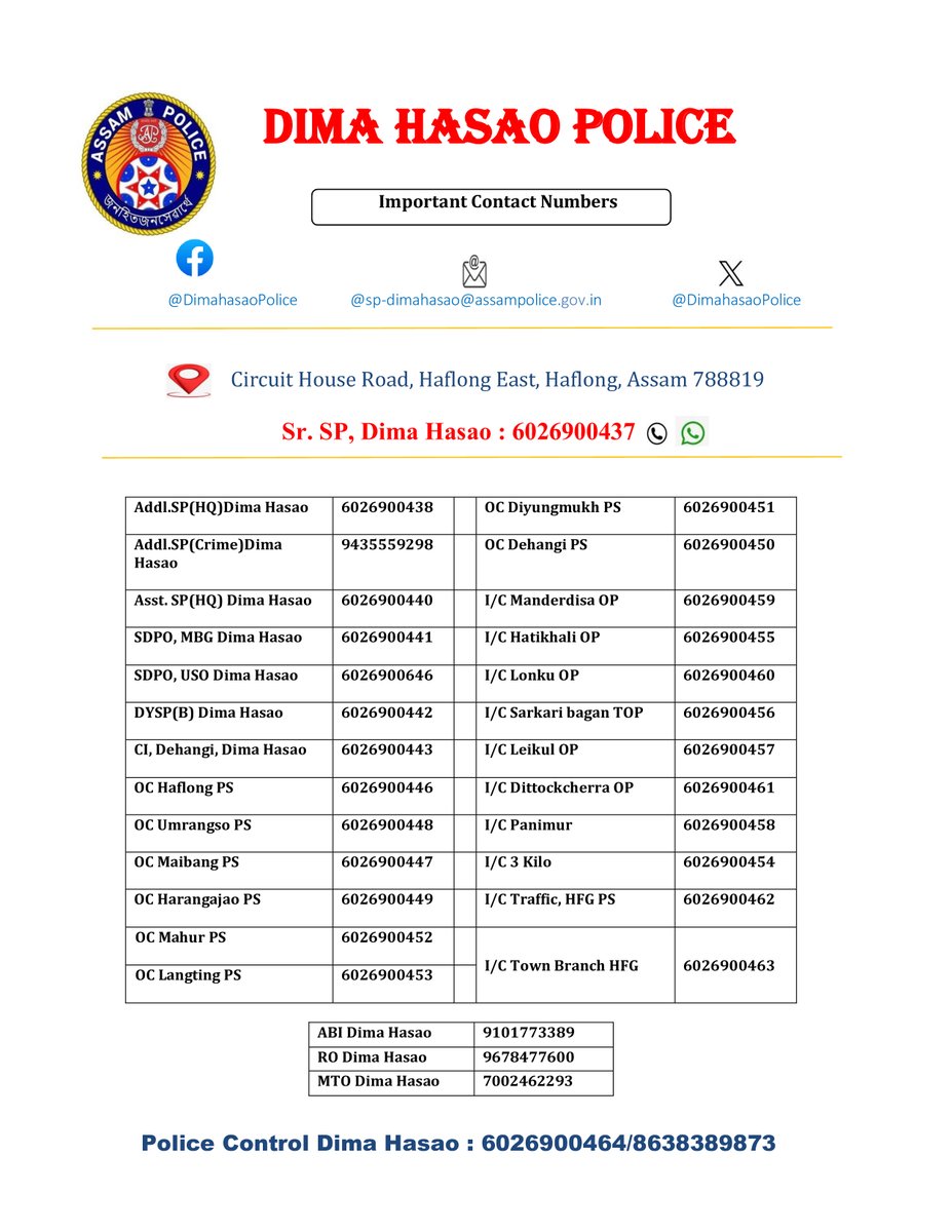 DimahasaoPolice's tweet image. Following are the important contact numbers of Dima Hasao Police.
@assampolice
@DGPAssamPolice
@HardiSpeaks
@DimaDipr