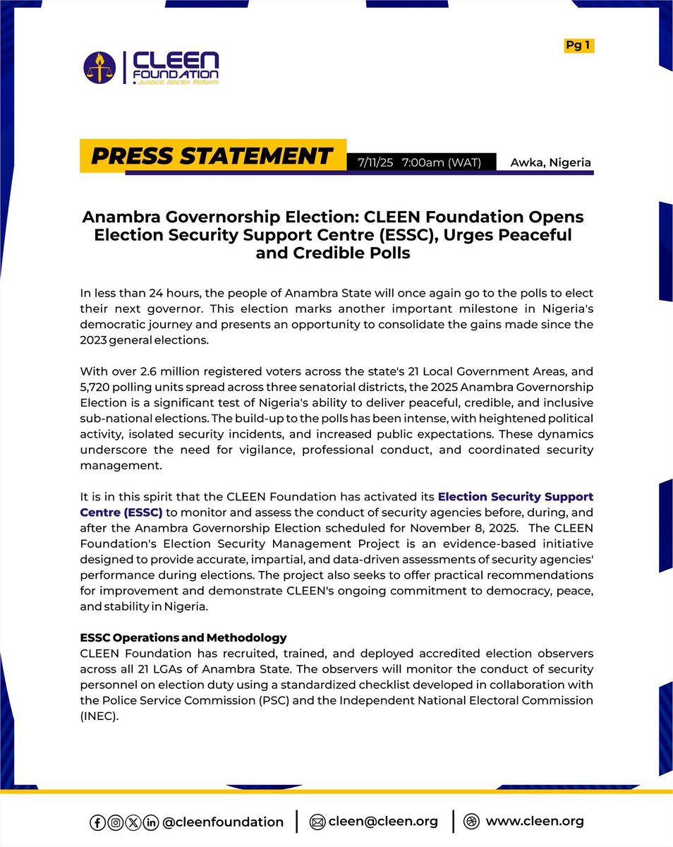 cleenfoundation's tweet photo. Our Election Security Support Centre (ESSC) officially goes live today. The centre serves as a hub to monitor and assess the conduct of security agencies before, during, and after the Anambra Governorship Election.

Read our FULL STATEMENT to get a full grasp of what we are up to https://t.co/mxVNtIqgqe