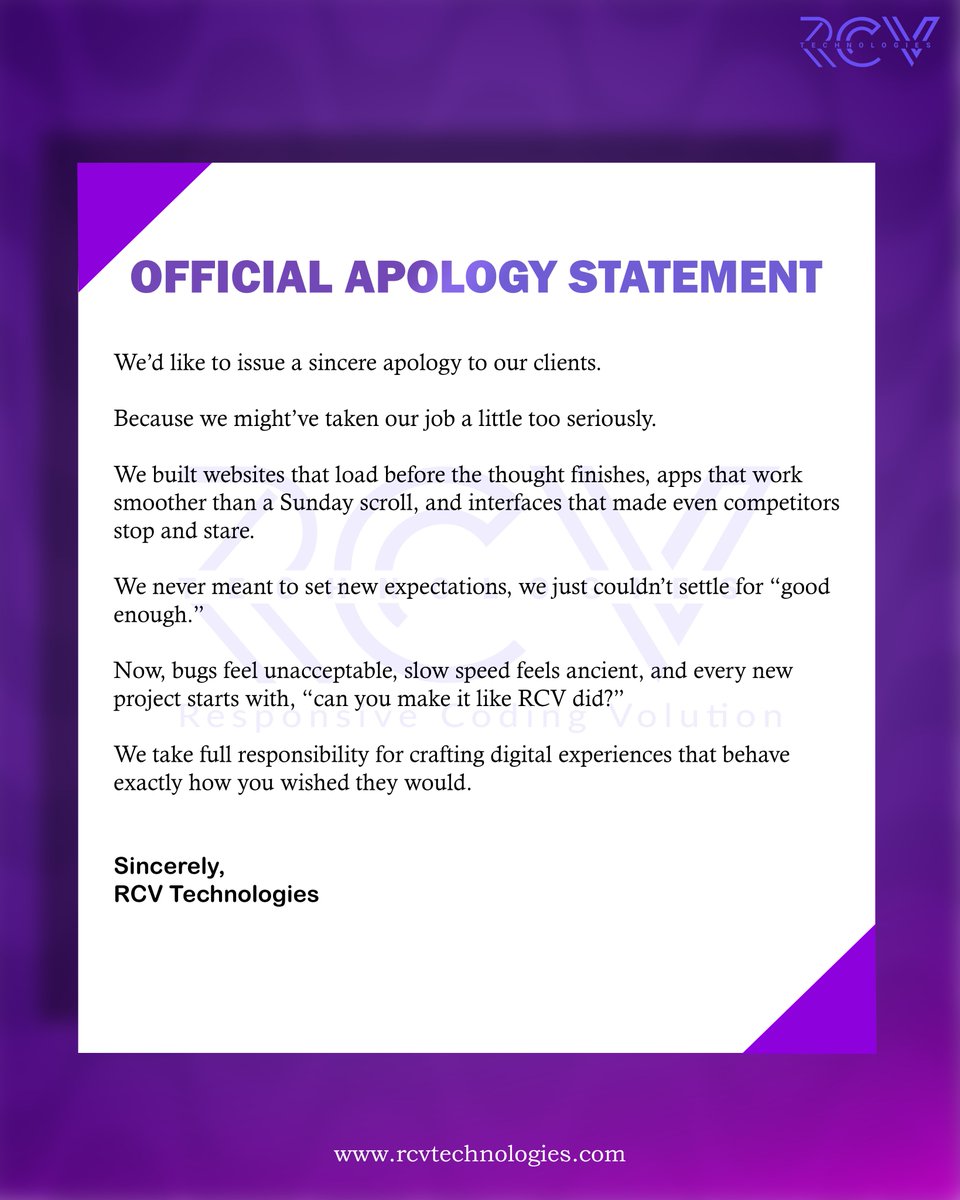 rcvtechno's tweet image. We really didn’t mean to raise the bar this high.
But when websites load this fast,
and apps look this good - an apology felt necessary.

#ApologyTrend #RCVTechnologies #WebDevelopment #AppDevelopment #MomentMarketing #BuildWithRCV #TheRiseOfRCV