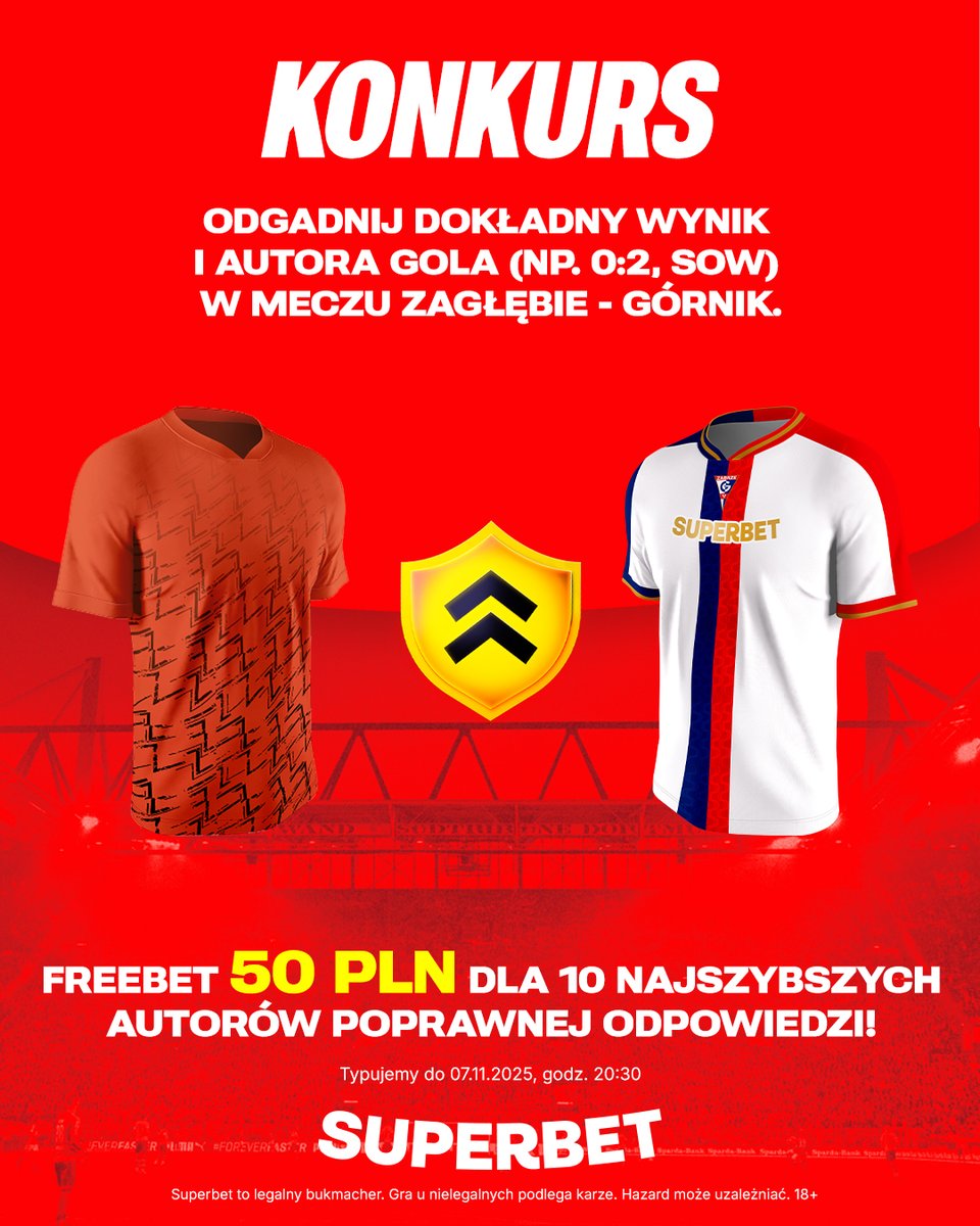 #KONKURS! Wytypuj w odpowiedziach dokładny wynik oraz autora gola ⚽️ w meczu Zagłębie - Górnik i zgarnij freebet! #ZAGGÓR
-- 
✅ Zaobserwuj <a href="/SuperbetPL/">Superbet</a>
❤️ Polub wpis i 🔄 podaj go dalej 
👤 Dodaj nick z Superbet 
🎁 Nagroda = FREEBET 50 PLN
Regulamin: sprbt.pl/RegulaminSuper…
