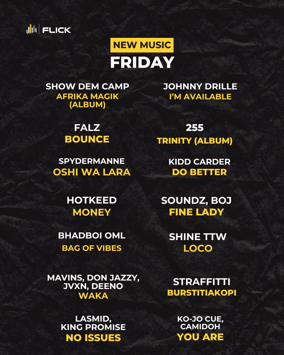 IT'S NMF. Your speakers are about to thank you. 🙏
Major drops just landed:

<a href="/ShowDemCamp/">Show Dem Camp</a> - NEW ALBUM 'Afrika Magik.'

<a href="/Johnnydrille/">Johnny Drille</a> - 'I'm Available' 🎤

<a href="/falzthebahdguy/">Bop Daddy</a> - 'Bounce'

<a href="/TWOFIFTYFIVE1/">255</a> - NEW ALBUM 'Trinity' 

Go stream the fire NOW! 🔥 #Afrobeats #NewMusicFriday