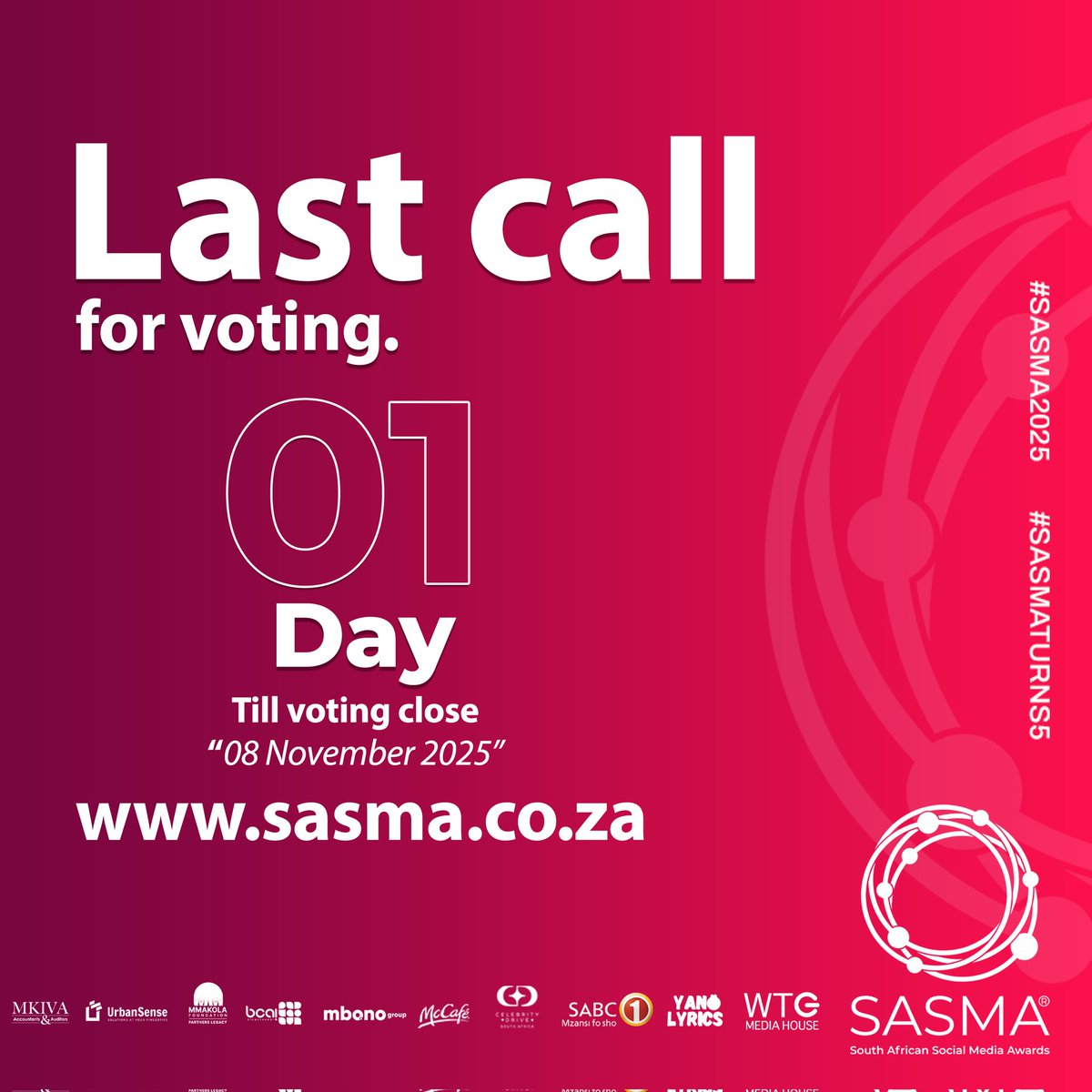 SMAWARDS_ZA's tweet image. ⏰ The countdown is ON! Only 1 day left before voting closes! 🗳️
Show love to your favourite nominees and make your vote count before 08 November 2025 ❤️
👉 Head to sasma.co.za now!
#SASMA2025 #SASMATurns5 #VoteBeforeItEnds