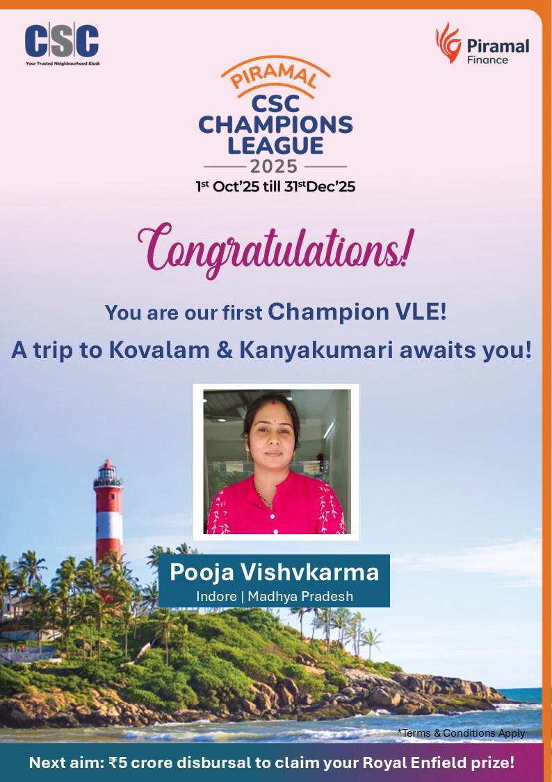 cscfinancial_'s tweet photo. Piramal Finance – CSC Champions League 2025

Congratulations! to one of our VLE Mrs. Pooja Vishvkarma from Indore, Madhya Pradesh.

She is First Champion VLE!

A Trip to Kovalam &amp; Kanyakumari awaits you!

#csc #cscfinancialservices #piramalfinance #cscloanbazar https://t.co/awR2AlYpJ1