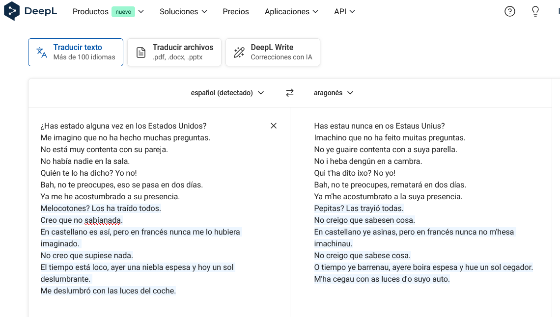 softaragones's tweet photo. La plataforma comercial de traducción DeepL ha incorporau 70 nuevas luengas, entre ellas l'aragonés y lo catalán (https://t.co/1ntGEi35fy). L'hez prebau? Qué tos pareix?
Aquí femos una comparanza con Apertium https://t.co/px4EHsHpzR (dos tecnolochías diferents de tot). https://t.co/Ji4SM96neL