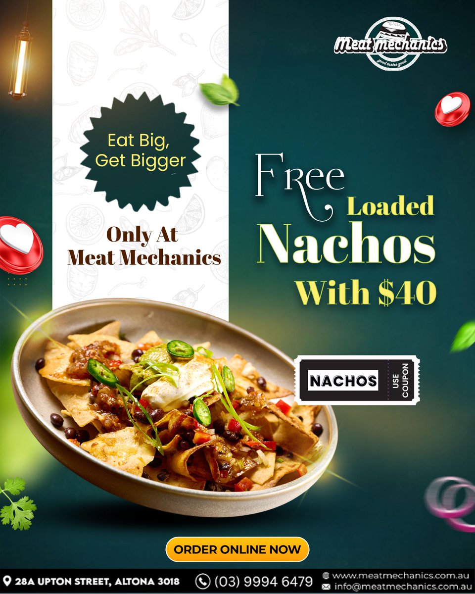 MechanicsMeat's tweet image. Go big or go home! 🍴 Spend $40 at Meat Mechanics and get FREE loaded nachos — because bigger meals mean bigger smiles. 😋 Order now and treat yourself to the ultimate flavour fix!

☎️ (03) 9994 6479
🌐 meatmechanics.com.au 

#MeatMechanics #FreeNachos #TastyTreats