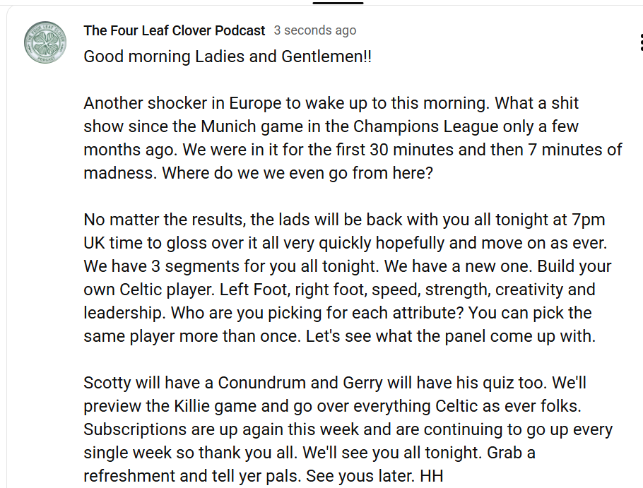 We go again!! 

<a href="/PaddyBhoy1965/">Hoopybhoy 🇮🇪🇵🇸</a> 
<a href="/ronshan7/">gerrymcmillan</a> 
<a href="/KeiserCFC/">KeiserCFC</a> 

#Celtic #YouTube #FanMedia