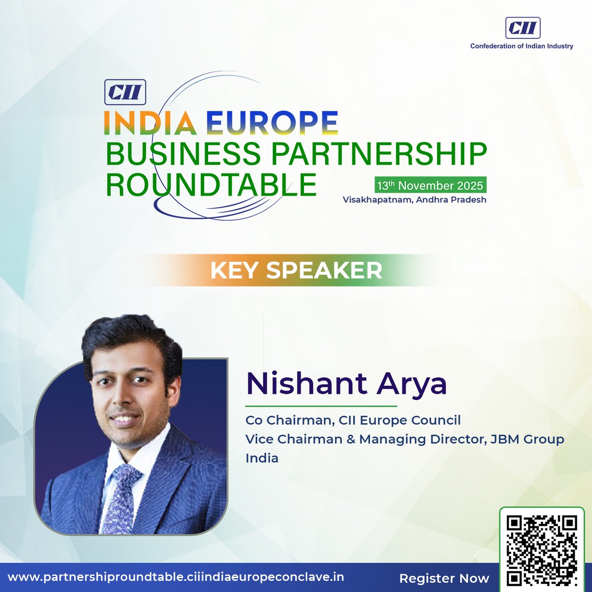 Hear Nishant Arya, Co-Chairman, CII Europe Council, and Vice Chairman &amp; Managing Director, JBM Group, speak at the India Europe Business Partnership Roundtable. 

A strong advocate of #Sustainability and #AdvancedManufacturing, he will share his perspectives on enhancing