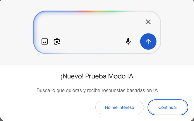 Google haciendo push para usar el Modo IA con un pedazo de interstitial. En mi caso es la primera vez que me sale en SERP. #aimode #modoia