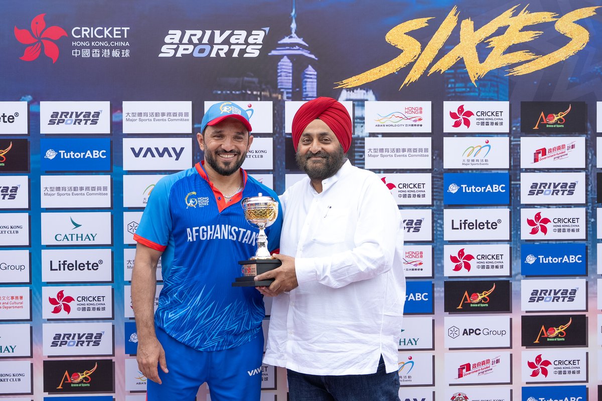 ACBofficials's tweet photo. The skipper, @GbNaib, set the stage on fire this morning as he clobbered 5 sixes and four boundaries on his way to an unbeaten 50* off just 12 balls and earned the Player of the Match award. 👏
#HK6 | #HongKongSixes2025 https://t.co/CX2wqD2hne