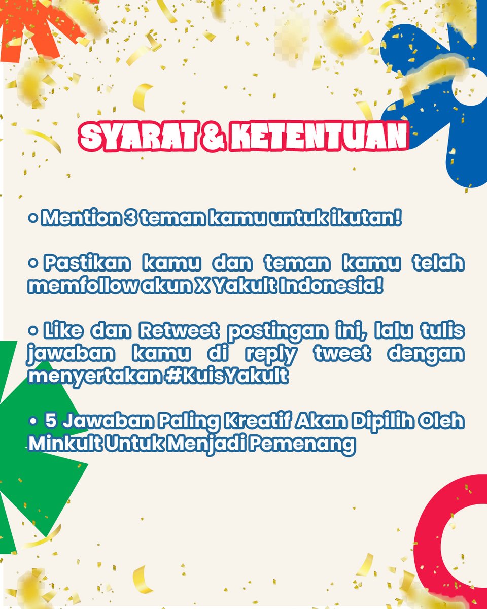Kuis Yakult Berhadiah Balik Lagi!!🥳

Yuk ceritakan secara singkat apa yang kamu rasakan ke Minkult di kolom reply ya! Jangan lupa sertakan hashtag #KuisYakult di jawaban kamu!

#YakultIndonesia #YESEveryday #MinumYakultSetiapHari
