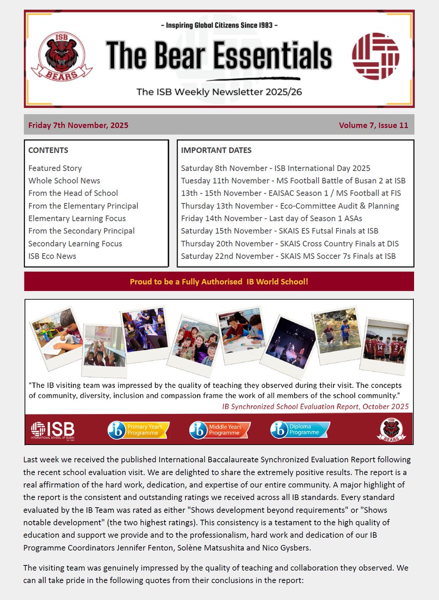 ISBLearning's tweet image. This week&apos;s newsletter is now available to download from the &apos;news&apos; section of the ISB Website. We hope to see you all at the annual ISB International Day at 10:00 am tomorrow!

heyzine.com/flip-book/c21a…

#isblearning #ib