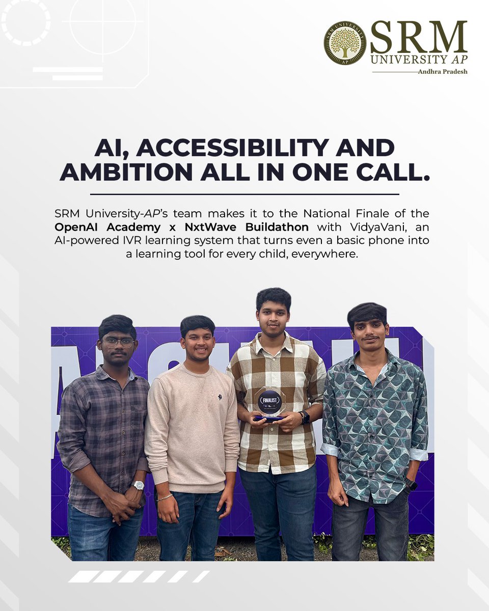 SRMUAP's tweet image. What started as an idea to make learning reach every child has now reached the national stage.

Team SRM University-AP’s VidyaVani, an AI-powered IVR system for inclusive education, has been chosen as a finalist at the OpenAI Academy x NxtWave Buildathon.

#SRMAP #SRMUniversityAP…