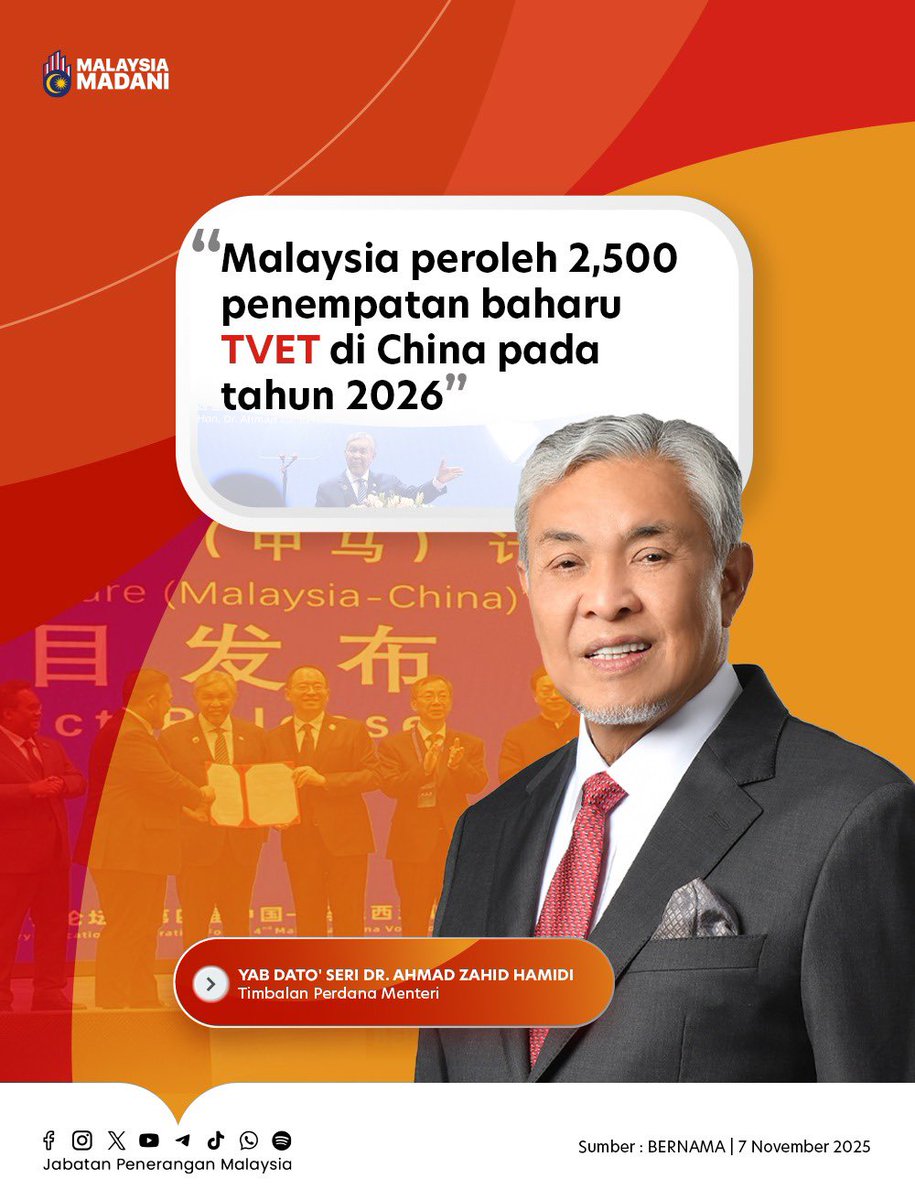 🎓 Lebih Banyak Peluang TVET di China! ✨

📈 Malaysia bakal terima 2,500 penempatan baharu untuk program TVET tahun hadapan!
🌍 Tahun lepas, 5,125 belia Malaysia sudah jalani latihan di institusi &amp; industri terkemuka China.