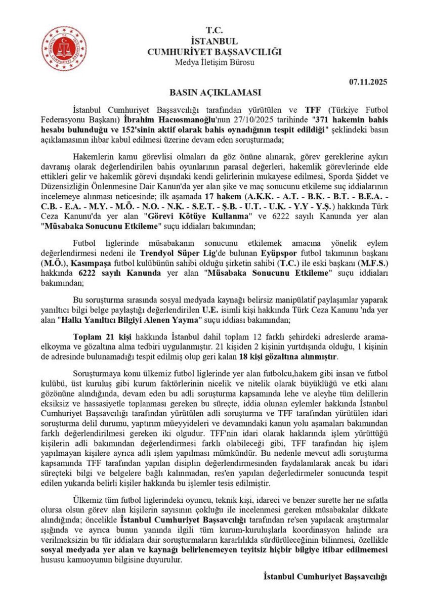 “Bu ligin sportif gerçekliği yok, yapı var” dendiğinde ciddiye alınmıyordu.
Ne oldu?
Bahis sebep, şike sonuçtur.
Bu nedenle soruşturmada disiplin zamanaşımı değil, ceza zamanaşımı süresi dikkate alınmalıdır.
Umarım Türk futbolu için dönüm noktası olur.