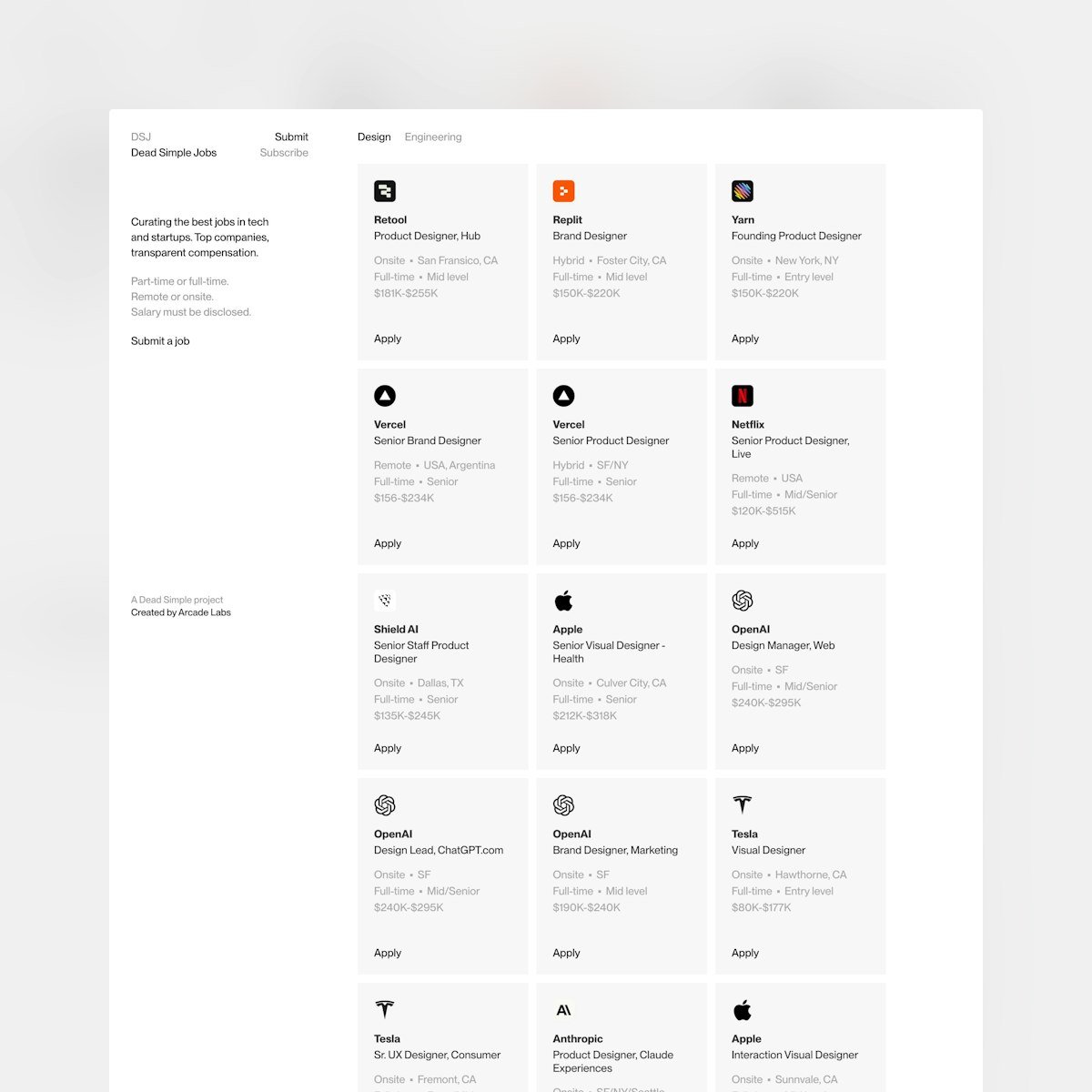 New Website Inspiration:

The Dead Simple Sites crew (<a href="/madebymbw/">mason</a>) have just launched a One Pager for Dead Simple Jobs 💼

A single-page website (no archives) curating high quality tech jobs only, that disclose salary. 

CMS: <a href="/framer/">Framer</a> 
Typeface: Neue Montreal

→