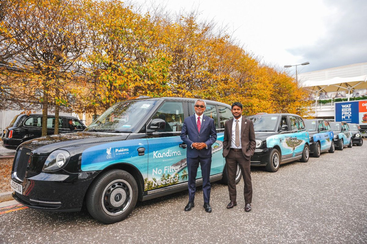 MoTmv's tweet photo. Minister @ThoriqIbrahim attended the official launch of @visitmaldivesco’s two-month visibility campaign at #WTMLondon2025. The campaign features 100 London taxis wrapped in the Maldives’ imagery, aimed at enhancing destination visibility and engaging high-value travellers, tourism professionals, and media representatives.