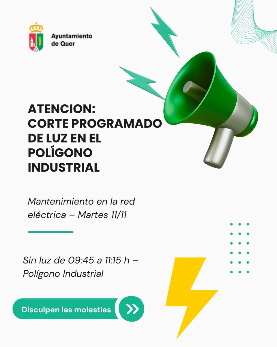 aytoquer's tweet image. ⚡ Aviso importante: el martes 11/11, entre 09:45 y 11:15 h, se interrumpirá el suministro eléctrico en el Polígono Industrial de Quer por trabajos de mantenimiento.
📞 Info: 900 171 171
🙏 Disculpen las molestias. #Quer #Aviso