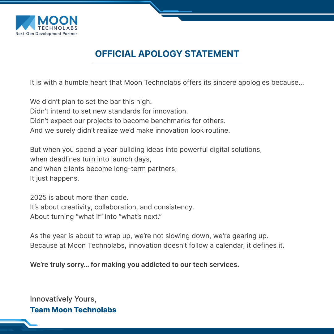 moontechnolabs's tweet image. An apology you won’t mind accepting. 😉

Slipping into just another year of turning “what if” into “what’s next.”

[ New Trend, Official Apology, Moment Marketing, MoonTechnolabs]

#MoonTechnolabs #officialannouncement #officialapology #official #apology #apologyaccepted…