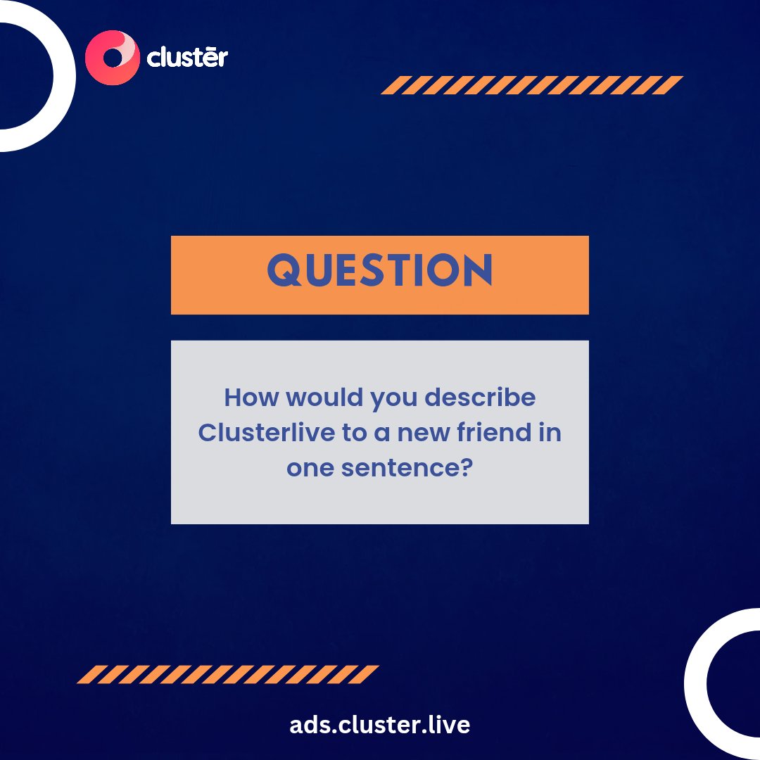 clusterliveapp's tweet image. If someone asked you what Clusterlive is all about, how would you describe it in just one sentence? 
#Clusterlive #ClusterCommunity #EngageAndEarn #OnlineVibes #SocialBuzz #friday #tgif #CommunityTalks #DigitalConnect #EarnWithClusterlive #question