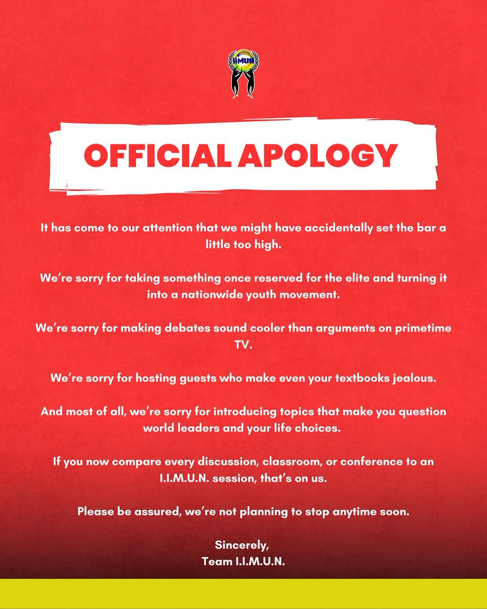 iimunofficial's tweet image. We&apos;d like to apologize... for making debates cooler than your favourite TV drama. Team I.I.M.U.N. - guilty of setting the bar too high (and not sorry about it).

#IIMUN #MUN #ModelUN #ModelUnitedNations #YouthMovement #DebateCulture #GenZIndia #LiteratureFestivals…