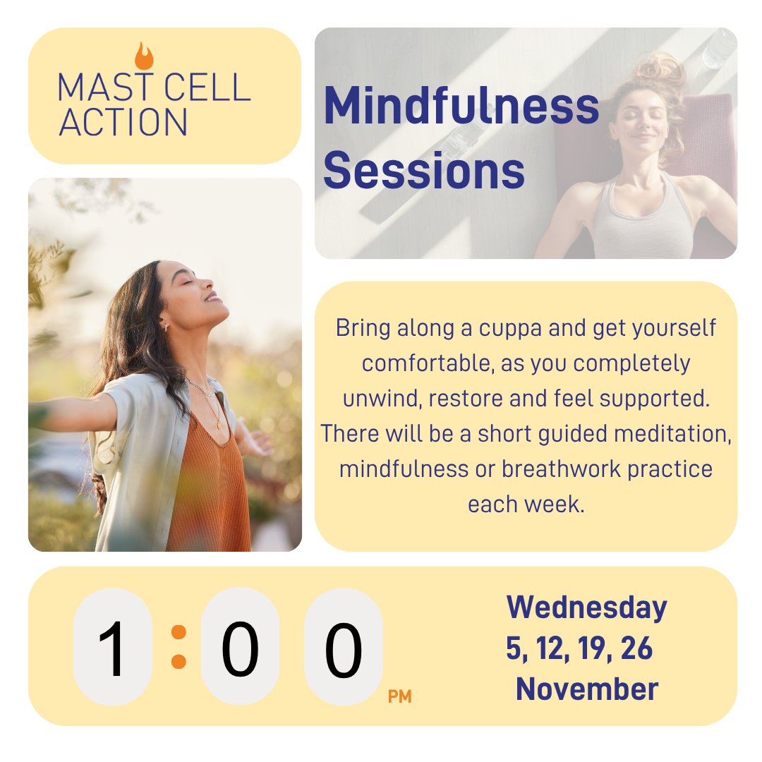 Join us on Wednesdays from 1-1:30pm for a half hour session of you time to relaxed and friendly mindfulness session hosted by Ann Garratt.
Bring along a cuppa and get yourself comfortable, as you completely unwind, restore and feel supported. mastcellaction.org/mast-cell-acti…