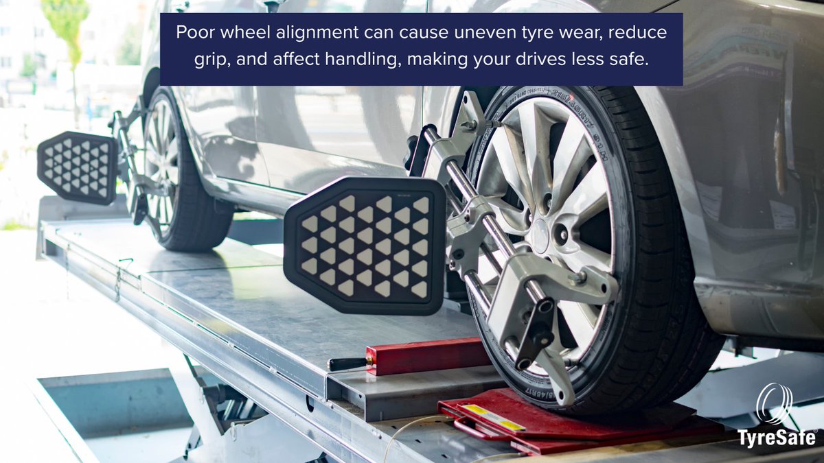 Tyresafe's tweet image. Poor wheel alignment can cause uneven tyre wear, reduce grip, and affect handling, making your drives less safe. If your car drifts to one side or steering feels off, get your alignment checked promptly to protect your tyres and your safety. #CheckTyres #WheelAlignment