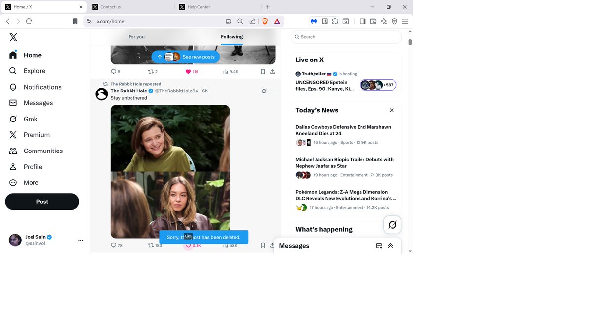 sainvol's tweet image. @XSupport #XBug  
PC • Brave 1.70 • Windows 10 • x.com web  
Past 10 days: Click ❤️ → “Sorry, but this post has been deleted”  
Post is NOT deleted (can reply, quote, bookmark).  
Happens on several posts per day.  
Screenshot attached.  
Cleared cache,…