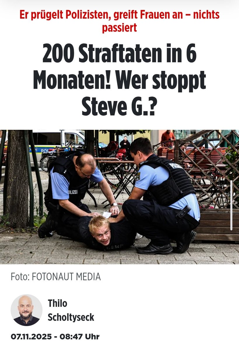 Unser Raketenwissenschaftler und Goldstück Steve G. (23) pöbelt, randaliert, wirft Scheiben ein, zeigt seinen nackten Hintern. Obwohl er zu sieben Monaten Haft verurteilt wurde, blieb er auf freiem Fuß und terrorisiert seine Mitbürger weiter. Deutschland ist nicht mehr sicher.