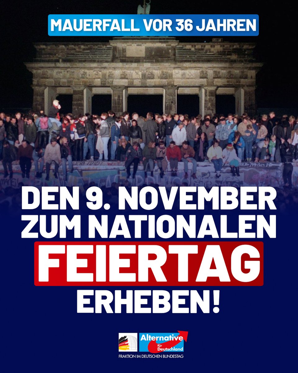 AfDimBundestag's tweet image. Wir haben im Bundestag beantragt, den 9. November zum nationalen Feiertag zu erheben. Die friedlichen Proteste der Ostdeutschen führten zur Beendigung der SED-Diktatur und ebneten den Weg zur Wiedervereinigung. Dieser Tag steht nicht nur für die Freiheit und Demokratie in…