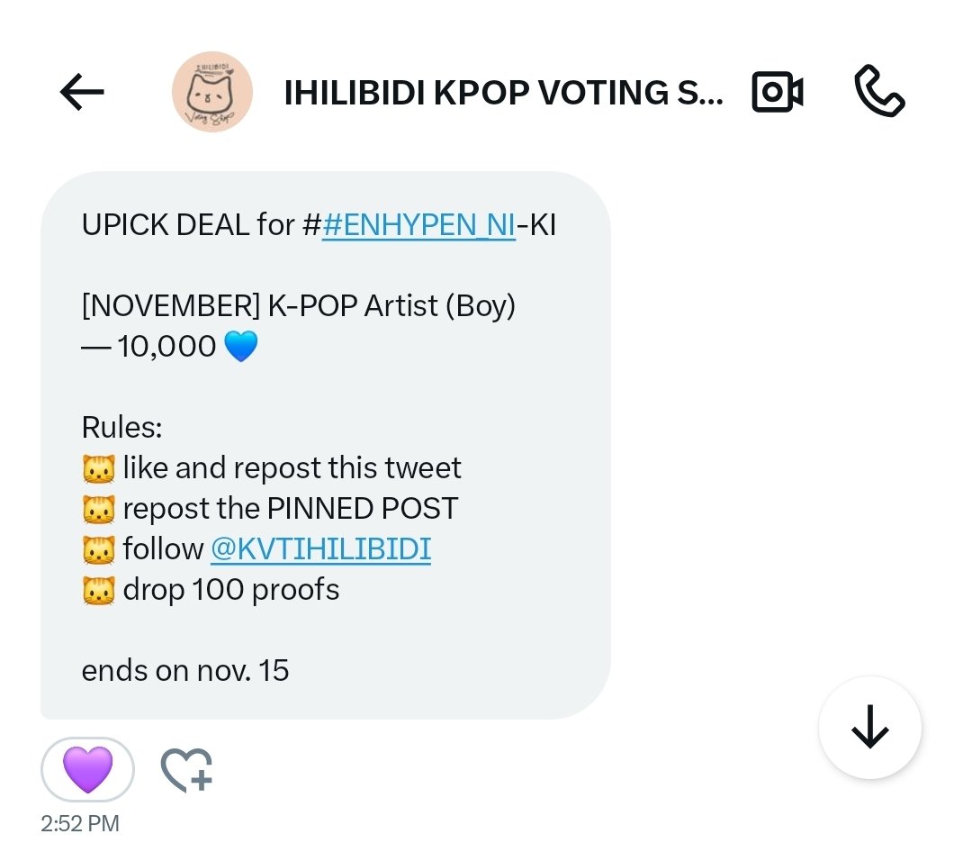 UPICK DEAL for ##ENHYPEN_NI_KI  

[NOVEMBER] K-POP Artist (Boy)
— 10,000 💙

Rules:
🐱 like and repost this tweet
🐱 repost the PINNED POST
🐱 follow <a href="/KVTIHILIBIDI/">IHILIBIDI KPOP VOTING SHOP</a>
🐱 drop 100 proofs

ends on nov. 15