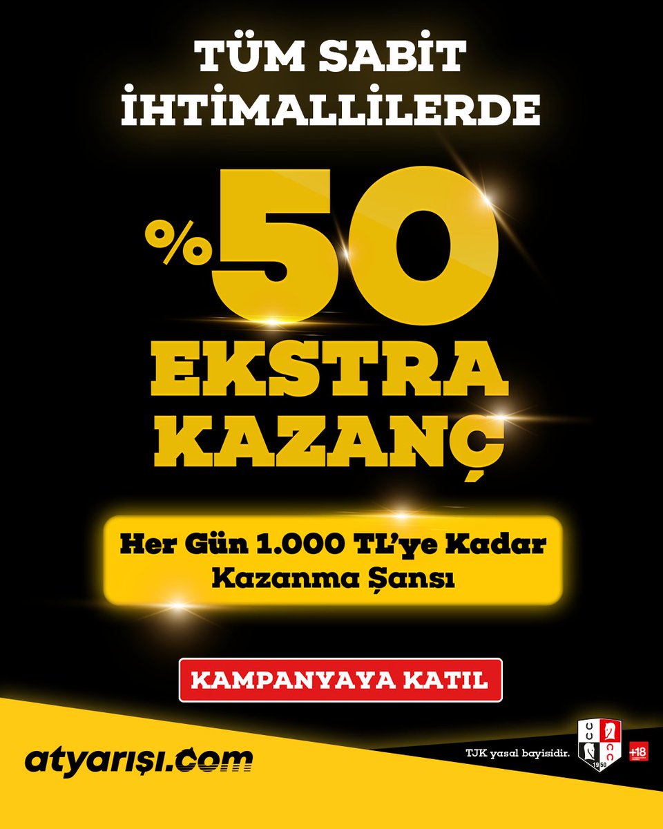 Tüm Sabit İhtimallilerde %50 EKSTRA KAZANÇ atyarışı.com'da!

Her Gün 1.000 TL'ye Kadar Kazanma Şansını Kaçırma!

Kampanyaya Katılmak İçin --&gt; atyrs.co/47xd6N2