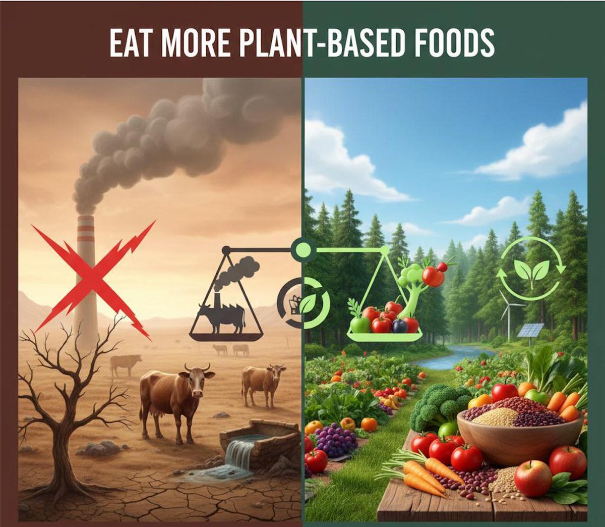 LuoInspired's tweet photo. A comida é poder climático 🌍 A carne (bovina, ovina) solta muito metano. Comer mais vegetais, frutas, feijões e grãos reduz emissões e salva florestas. 

We turn climate change around.

🔗https://t.co/shXyfTYsPK #ReduceCO2now #PlantBased #ClimateChange #Sustainability #EatGreen https://t.co/GPC3jqtzLv