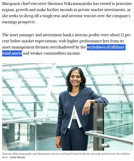 Shemara from $MQG.AX has realised renewables are fraud with a $152M impairment of offshore wind assets. Citigroup.. “we estimate roughly half the miss versus estimates related to the impairment of green assets.. the extent of the miss will still come as a surprise.” #coaltwitter