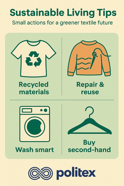🌿 Small actions, big impact!

Did you know you can make fashion more sustainable by:
👕 Choosing recycled fabrics
🧵 Repairing &amp; reusing clothes
💧 Washing smart
♻️ Buying second-hand

#LIFEPOLITEX #Sustainability #CircularFashion #GreenTips