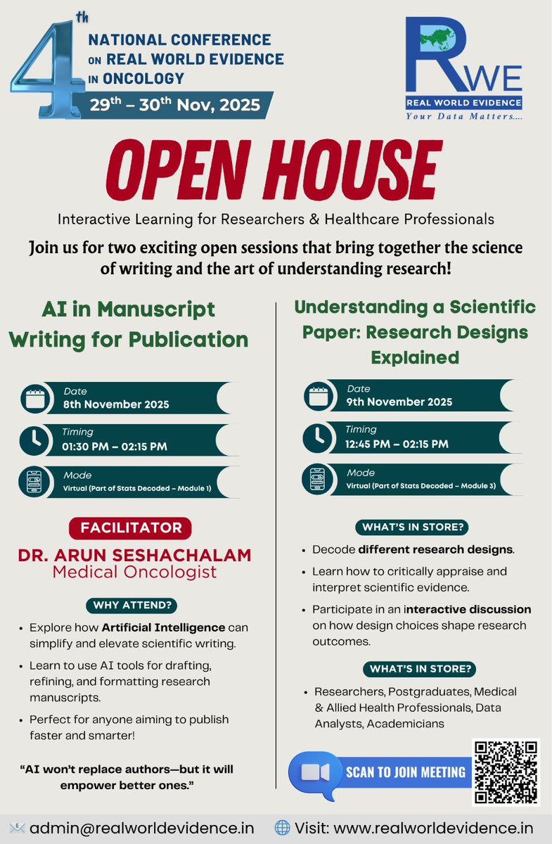 🚀 Meet me tomorrow at 1:30 PM (8 Nov 2025)!
Join our Open House on
🧠 AI in Manuscript Writing:
🎓 Perfect for researchers, clinicians &amp; postgrads.
🔗 Join Zoom: us06web.zoom.us/j/88306704189
🆔 883 0670 4189 | 🔒 690436
#RWE2025 #StatsDecoded #MedEdge #Oncology