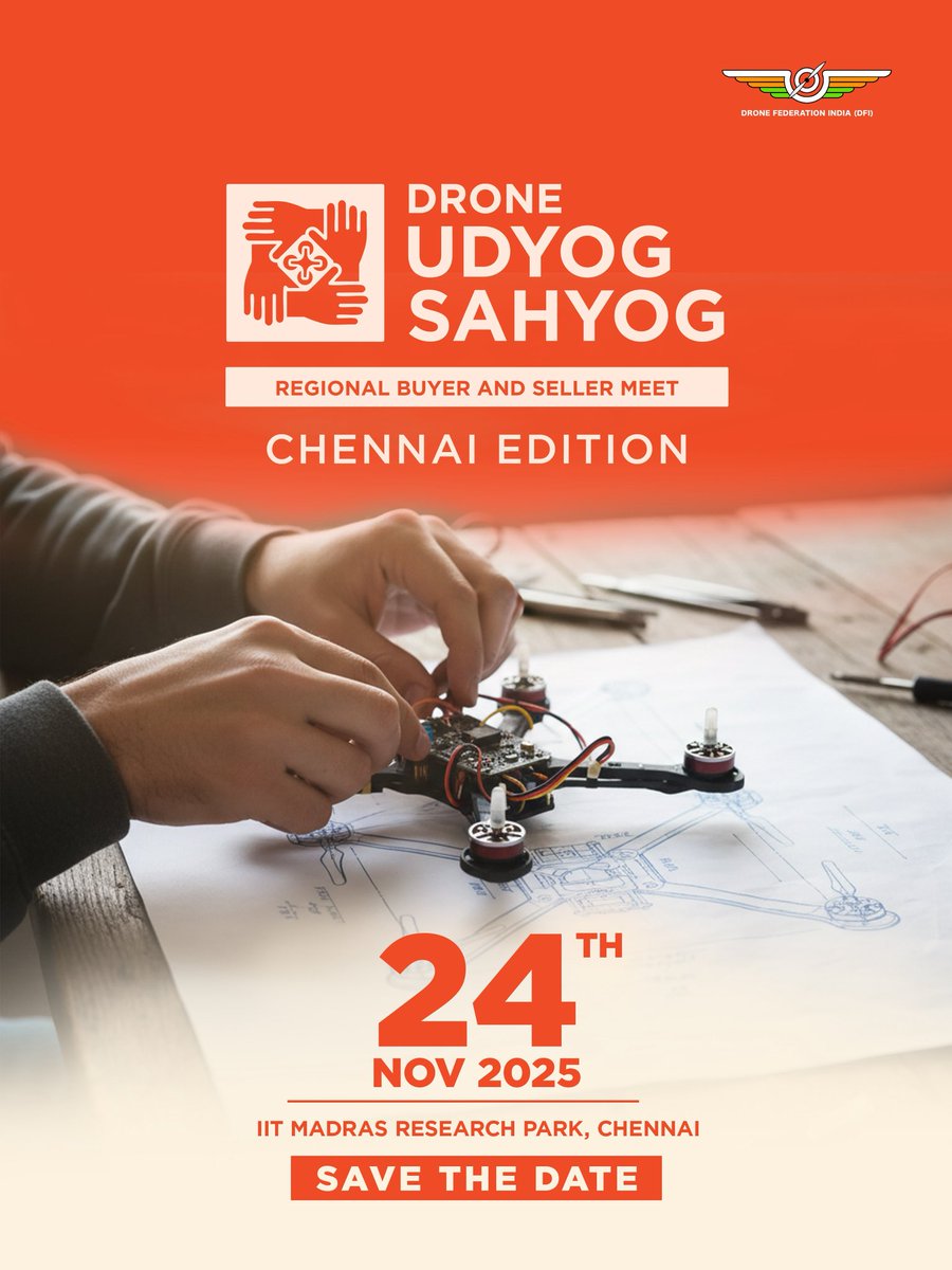 dronefed's tweet image. Next stop, Chennai! ✈️

Drone Udyog Sahyog lands at IIT Madras Research Park on November 24.

Registration Link: airtable.com/apppS4mAYoWFT8…

#DroneUdyogSahyog #ChennaiEdition #DroneIndustryIndia