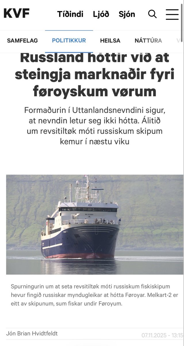 Til helv…. med rusland!

“De russiske myndigheder truer nu med, at det vil få konsekvenser for Færøerne, hvis der bliver indført sanktioner mod russiske fiskeskibe.
Ilja Shestakov, leder af det russiske fiskeriagentur, siger, at han håber, at Lagtinget vil tage “den rigtige