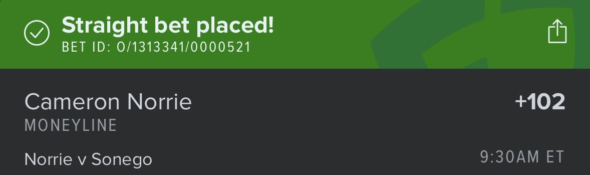 ATP 🎾

Cameron Norrie ML (+102) (1.5%) 

I had a feeling when Norrie opened up at -140 that his odds would drop by match start, but giving us Norrie at this price almost feels like an employee is trying to lose his job. I think the books are overpricing Lorenzo Sonego after his